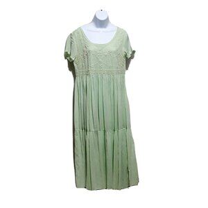 Vintage Midi Dress PM Cottage Core Romantic Embroidery Green Peasant Tiered